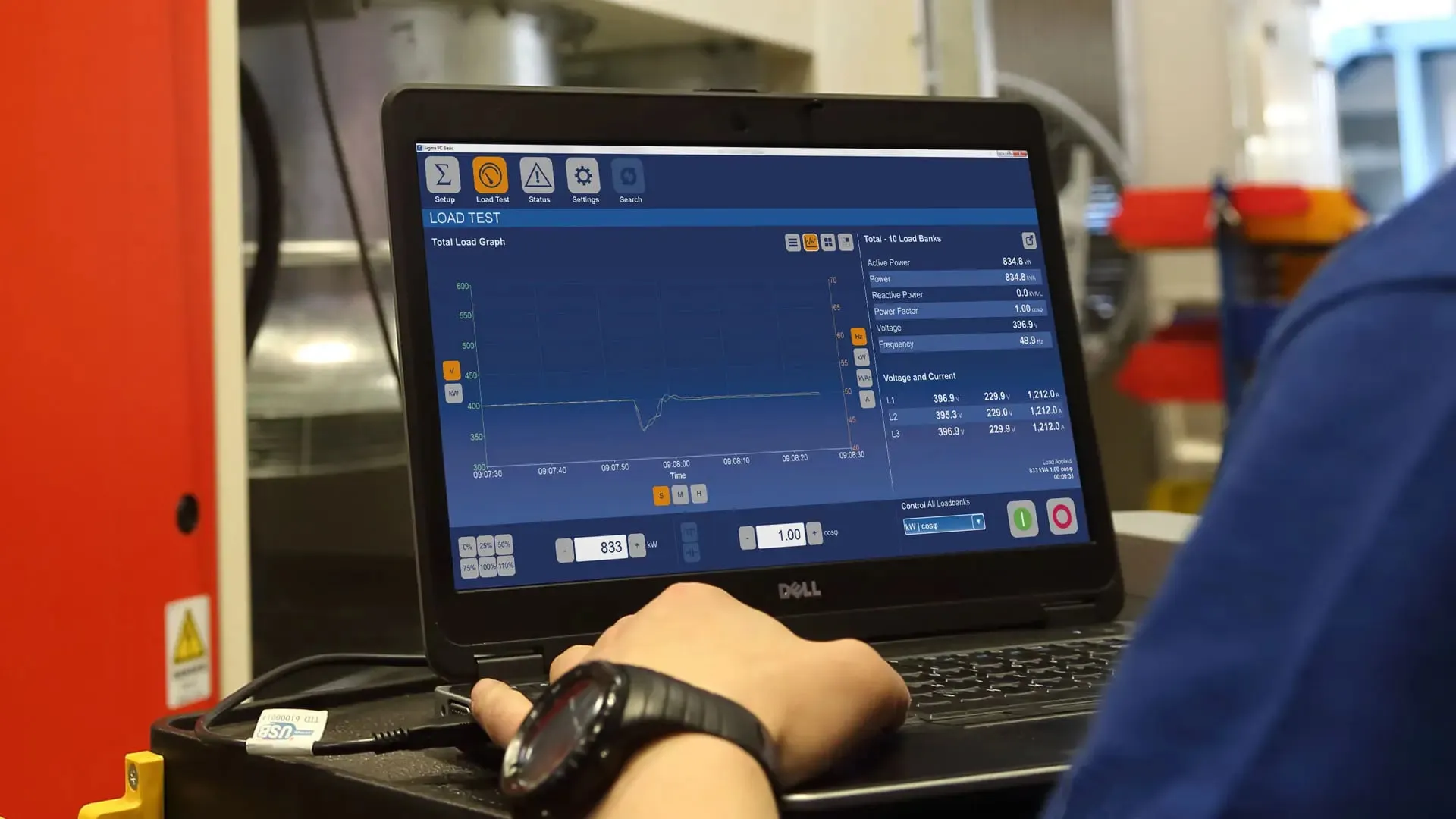 Load bank test results monitored on a laptop